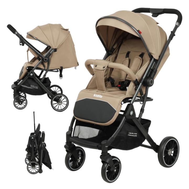 Carucior Copii, sport cu pozitie de somn, pliere troler, Spatar reglabil, Tehnologia One-Hand Folding, Cod 535, copertina extensibila, maner reversibil, bej