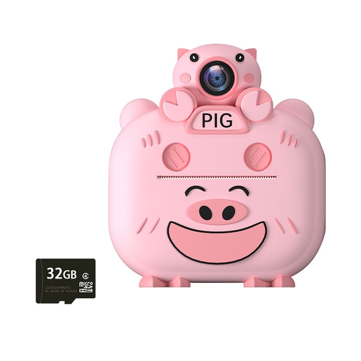 Детски фотоапарат за моментни снимки, сладка форма на прасенце, 1080P, 1 милион пиксела, 32GB карта памет, 2-инчов HD IPS екран, 8X увеличение, директен печат, 1100 mAh, розов