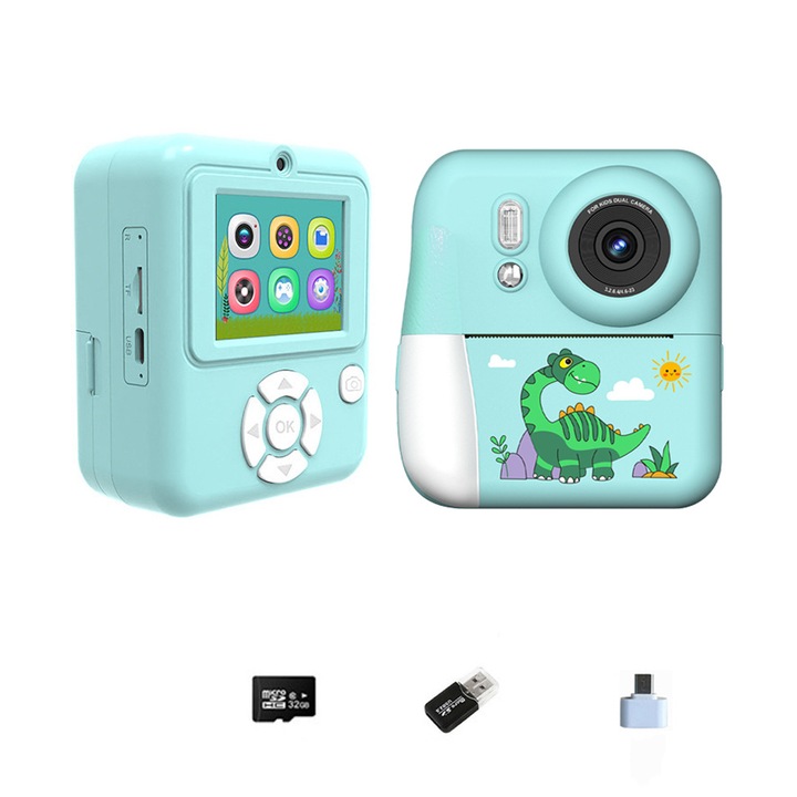 Детски фотоапарат за моментално снимане, сладка форма, резолюция 320x240, 32 GB карта памет, 2.4-инчов HD IPS екран, директен печат, 1200 mAh, дълъг живот на батерията, син