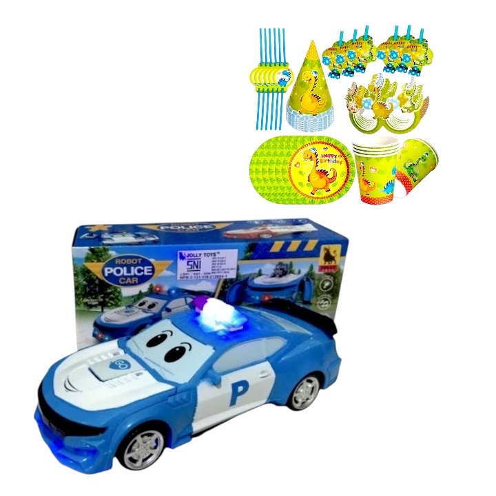 Играчка Хупи, полицейска кола, трансформира се в робот, 17x8x10 см, звукови и светлинни ефекти, бяло, синьо, 3+ години с парти комплект, 36 части, 6 вариации, екологичен картон