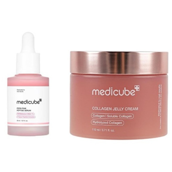 Medicube Pink Peptide Collagen Ampoule Essence 30mL + Bouncy Jelly Cream 110ml Комплект за овлажняване, избелване и намаляване на петната