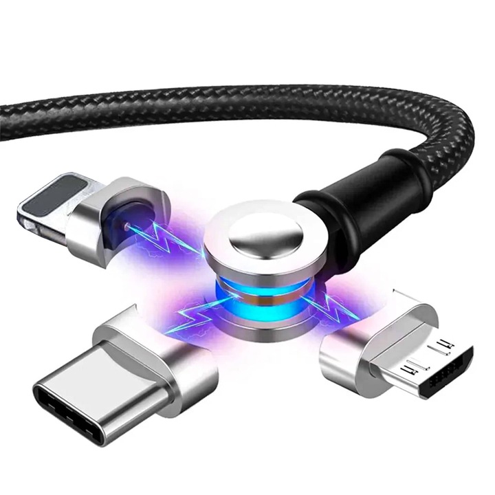 3 в 1 кабел за зареждане и пренос на данни, Timebox, Magnetic, Fast Charge 60W, Lightning, Type-C, Micro-USB, USB, Nylon, 1m, 180 градуса ротация, LED