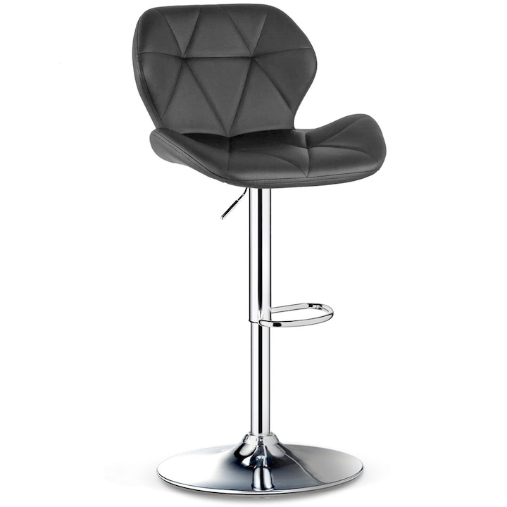 Бар стол Quasar & Co.® NOMA, висок, с регулируема височина, въртящ се с 360° механизъм, с противоплъзгащ се крак, хромирана основа, фиксирана метална поставка за крака, седалка тип мида, тапициран с еко кожа, подходящ за кухня, черен