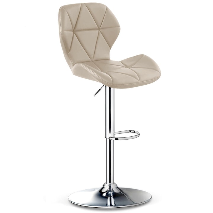 Бар стол Quasar & Co.® ALFA, висок, с регулируема височина, въртящ се с 360° механизъм, с противоплъзгащ се крак, хромирана основа, фиксирана метална поставка за крака, седалка тип мида, тапициран с еко кожа, подходящ за кухня, Слонова кост