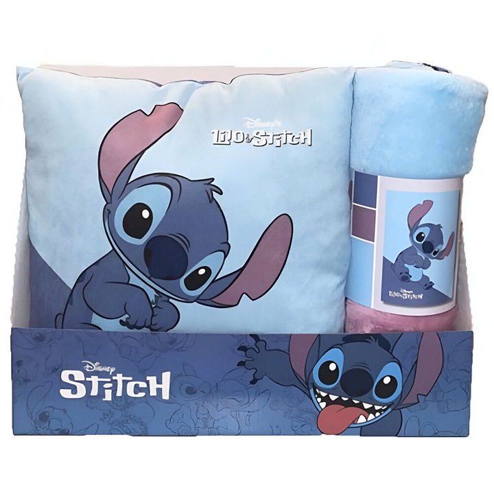 Set perna si paturica Stitch, Disney, 35x35cm, 100x140cm, albastru, 1 ani+