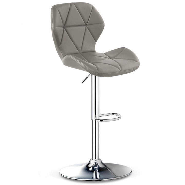 Бар стол Quasar & Co.® ALFA, висок, с регулируема височина, въртящ се с 360° механизъм, с противоплъзгащ се крак, хромирана основа, фиксирана метална поставка за крака, седалка тип мида, тапициран с еко кожа, подходящ за кухня, сив