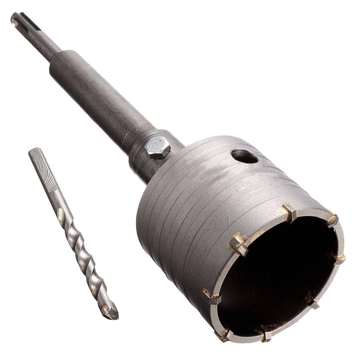 Betonmag fúró, Geko, 65 mm átmérő, tömör keményfém, SDS Plus adapter, vezetőfúró precíz furatokhoz, M22 menet, elektromos szerelésekhez, betonhoz, gipszkartonhoz, téglához, ezüst