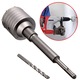 Betonmag fúró, Geko, 65 mm átmérő, tömör keményfém, SDS Plus adapter, vezetőfúró precíz furatokhoz, M22 menet, elektromos szerelésekhez, betonhoz, gipszkartonhoz, téglához, ezüst