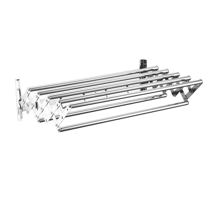 Suport pliabil pentru prosoape, inox, 7 bare, 5 carlige, 12-35.5 cm x 58 cm x 14.5 cm, argintiu