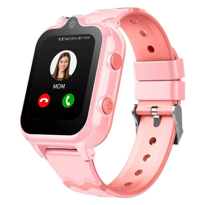 Детски GPS смарт часовник с местоположение и телефон, D35 AMYMAT 1.69 инчов сензорен дисплей, 4G LTE, слот за SIM карта, двойна HD камера, Wi-Fi, водоустойчивост IP67, видео разговори, Bluetooth, SOS бутон, наблюдение, батерия 1000 mAh, розов