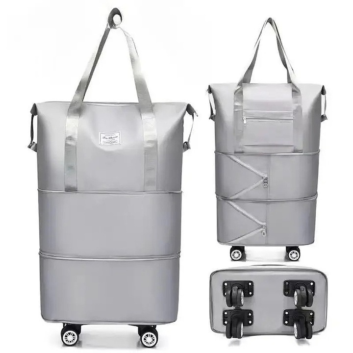 Сгъваема пътна чанта с колелца и телескопична дръжка, 36–55 л, сив цвят — практична, просторна и лесна за носене