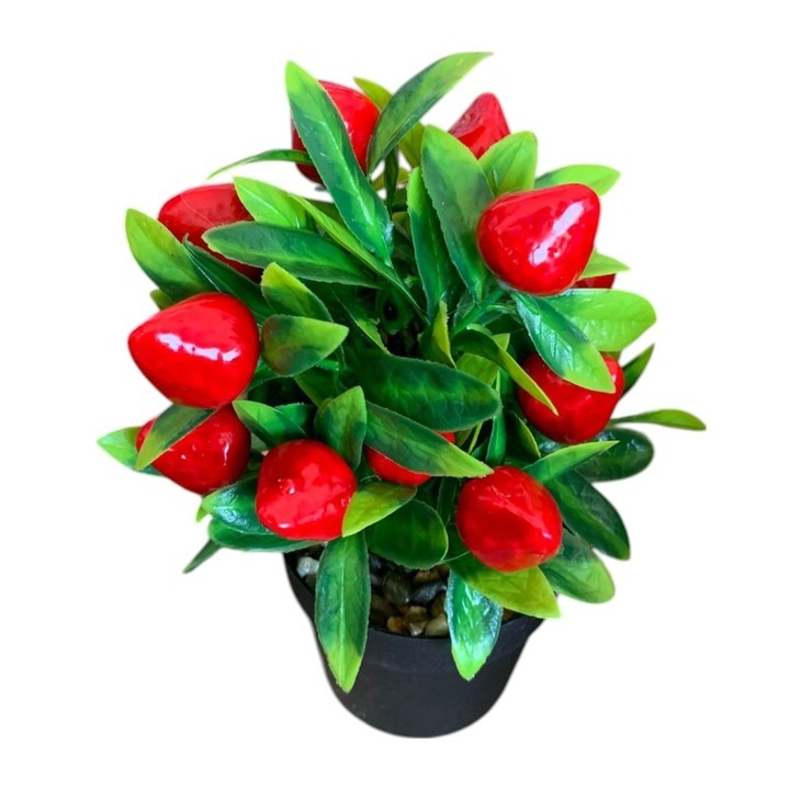 Mini Planta Artificiala cu Fructe, in Ghiveci Plastic, Capsuni, 21 cm