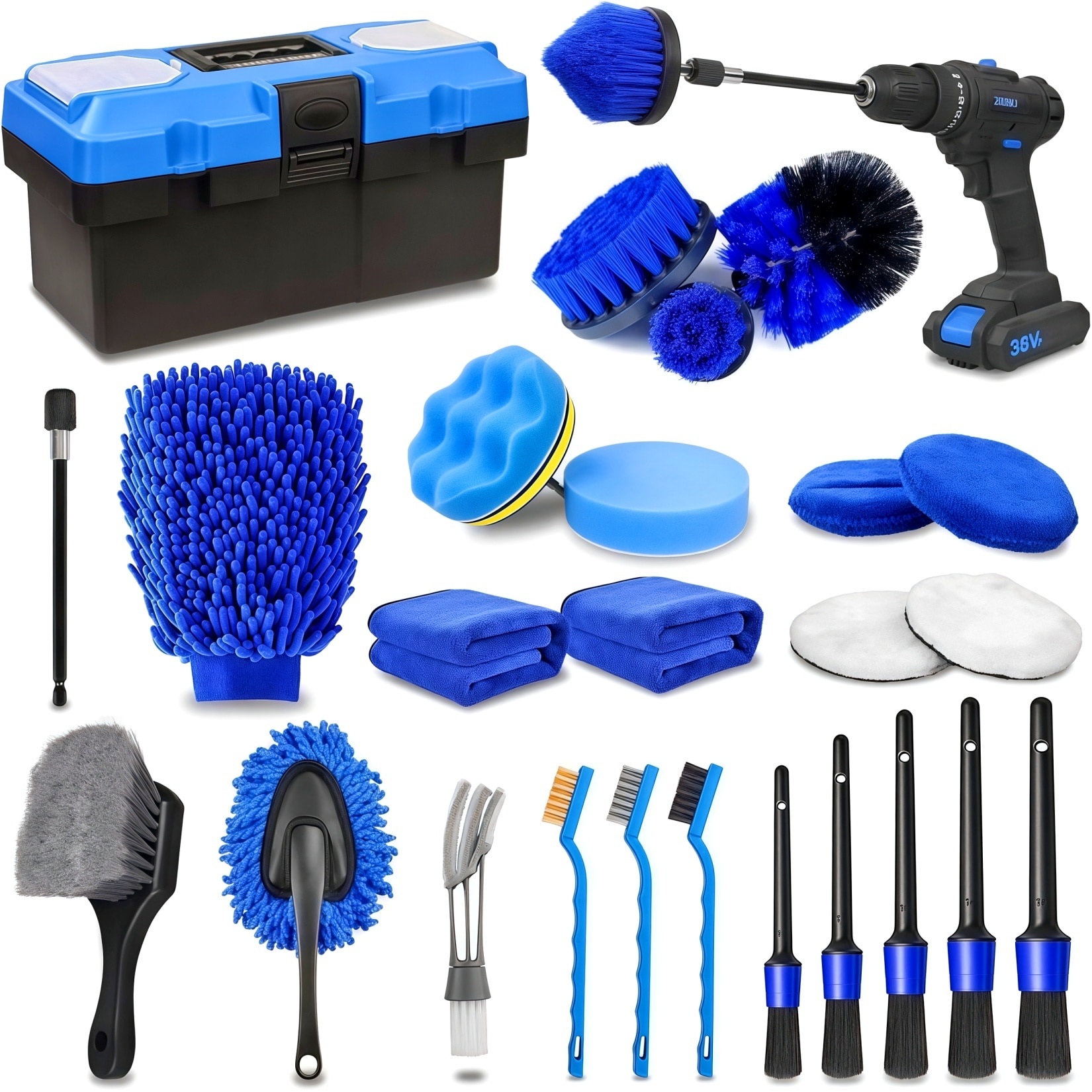 Set 27 detailing auto Wacorresi®, 5 perii pentru detalii, vine cu 4 carpe absorbante puternice, Instrument de curatare a parbrizului Cap de perie rotativ la 180 de grade, anti-alunecare, atingere moale, albastru