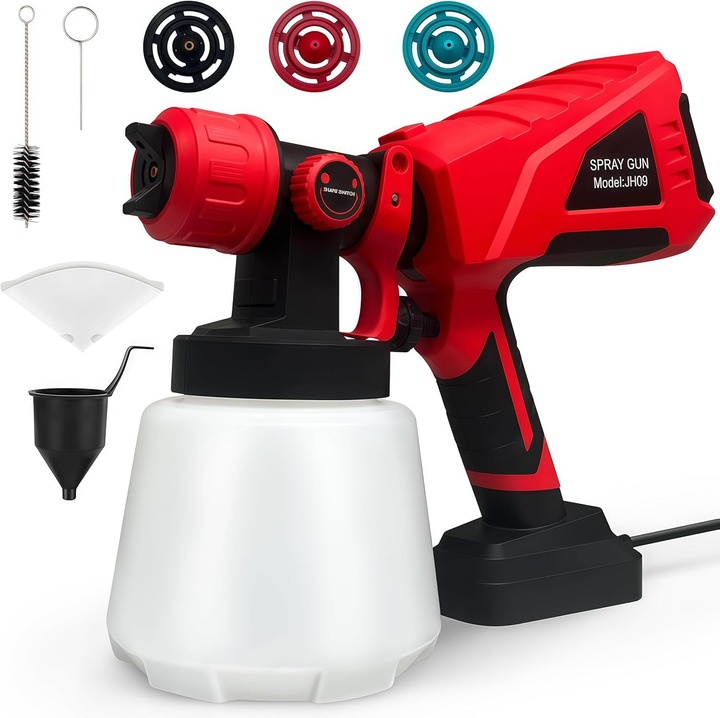 Pistol electric de pulverizat vopsea, Wacorresi®, Pistol de vopsit cu acumulator, Bateria si incarcatorul nu sunt incluse, 600W, Pentru grunduri auto, pulverizarea suprafetelor de mobilier, Usor de curatat, rosu