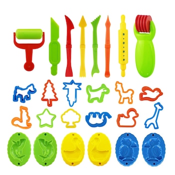 Set 26 unelte forme si accesorii pentru plastilina, Axroad Mall, Ustensile de bucatarie pentru modelat, Curatare usoara, Jucarie educativa, Interactiva, Cadouri, Pentru grup acasa, sali de clasa sau gradinite, ABS, 18x21 cm, Multicolor