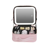 Geanta Machiaj QUANTIM® cu Oglinda LED 4K Detasabila, Iluminare 3 Trepte, Compartimente Reglabile, Organizator Cosmetice Travel, Buzunar Pensule, Design Elegant Portabil, Roz