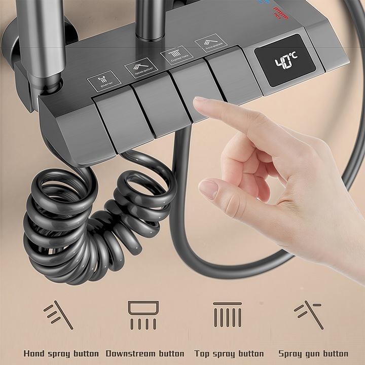 Комплектна душ колона, Wacorresi, Комплектна душ колона, с бутони за управление тип пиано, LED дисплей, Висококачествени материали, Душ глава, Месинг, Неръждаема стомана, Регулируема височина, Модерен дизайн, с дисплей за температурата на водата, Черен