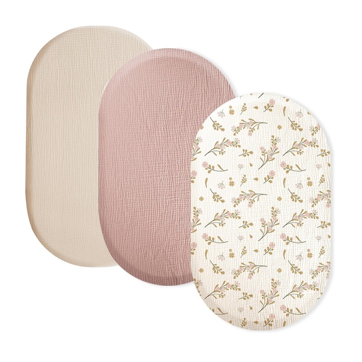 Комплект от 3 чаршафа за бебешко креватче Wacorresi муселин с флорални мотиви, розово-зелено, 33x17x14см