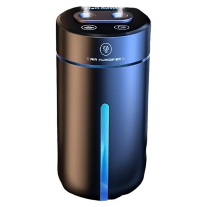 Aromaterápiás párásító autóba, 450 ml, mini USB párásító, 7 színű LED, dupla fúvókák, intelligens üzemmód, irodába és szobába