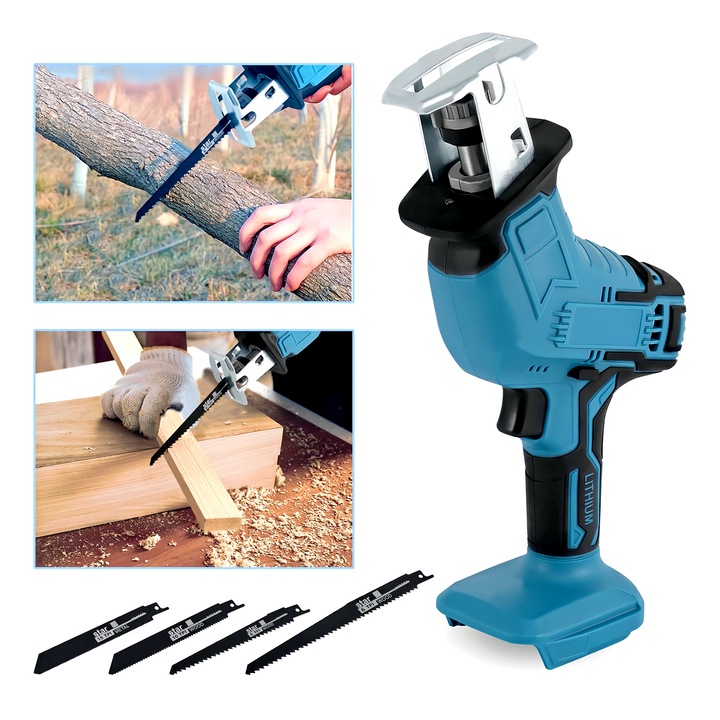 Fierastrau reciproc fara fir, Wacorresi®, Fierastrau sabie, cu 4 panze incluse, fara acumulator/incarcator, pentru lemn, plastic, metal, valiza transport, 25x35x10cm, Albastru