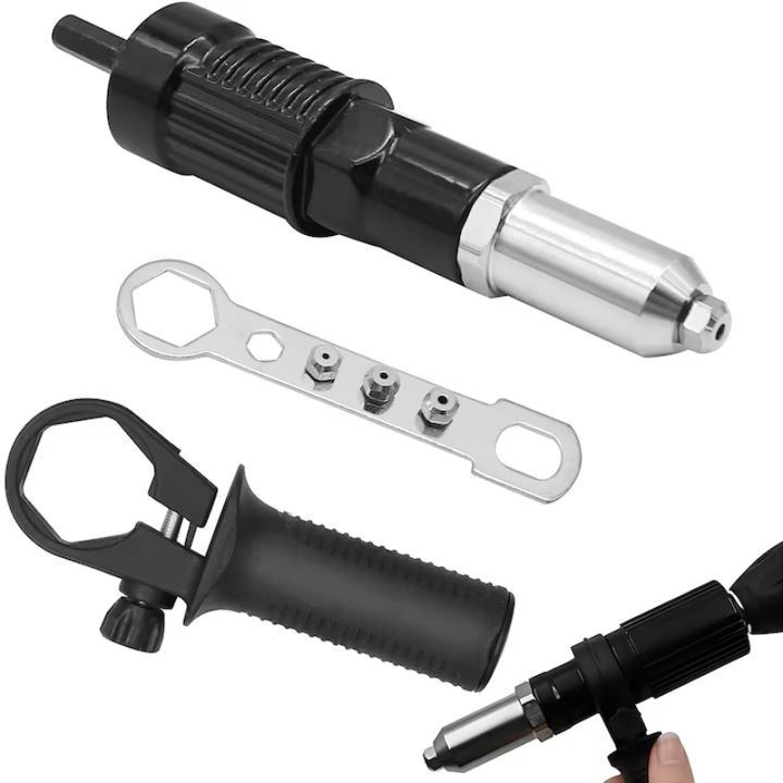 Set pistol electric pentru nituri AjieQaQ, cap din aliaj de otel, compatibil cu nituri de 2.4-4.8mm, negru