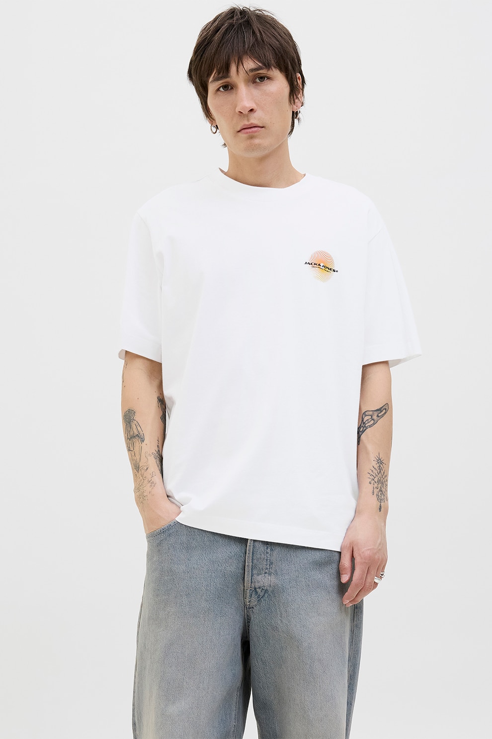 Jack & Jones, Tricou cu logo discret pe piept si decolteu la baza gatului, Alb optic, XXL