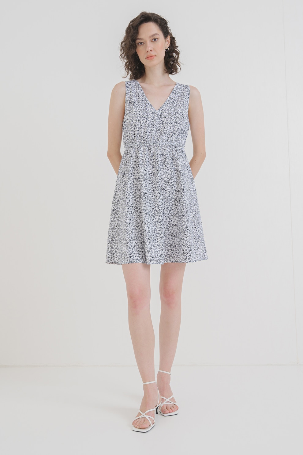 Only, Rochie cu imprimeu si decolteu in V Sara, Alb, Albastru ultramarin, L