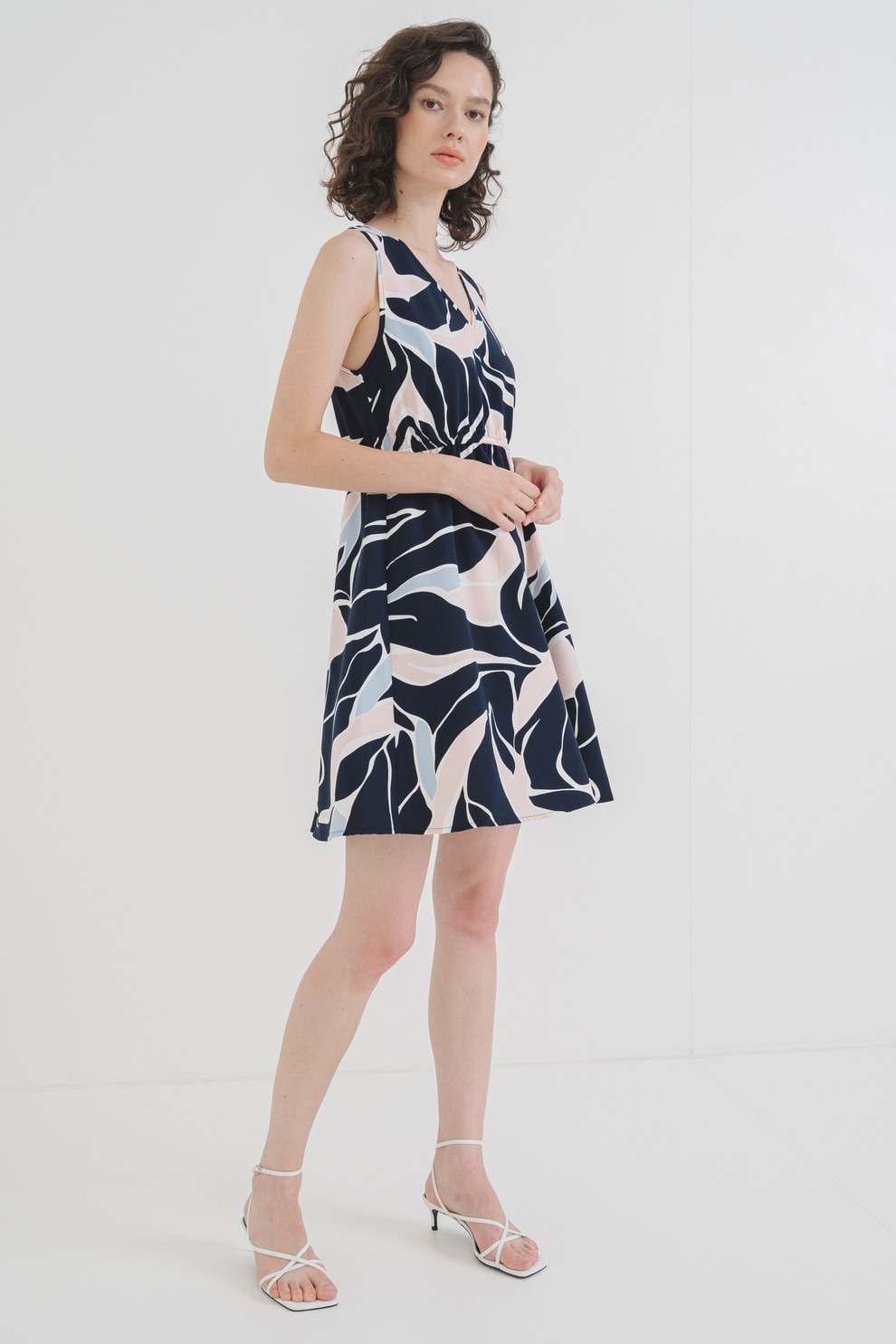 Only, Rochie cu imprimeu si decolteu in V Sara, Roz, Bleumarin, S