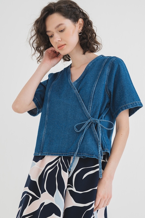 Pieces, Bluza de denim cu model petrecut Fibbo, Albastru inchis