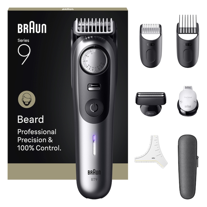 Aparat de tuns barba Braun Seria 9 BT9520, Lama ProBlade tehnologie AutoSense, Mod PowerBoost, Accesorii: 1 Capat ras PrecisionShave, 2 Piepteni, 1 sablon barba, 1 Cap pentru detaliere, 1 Cutie transport, Autonomie 180 minute,Rezistent la apa, Cromat