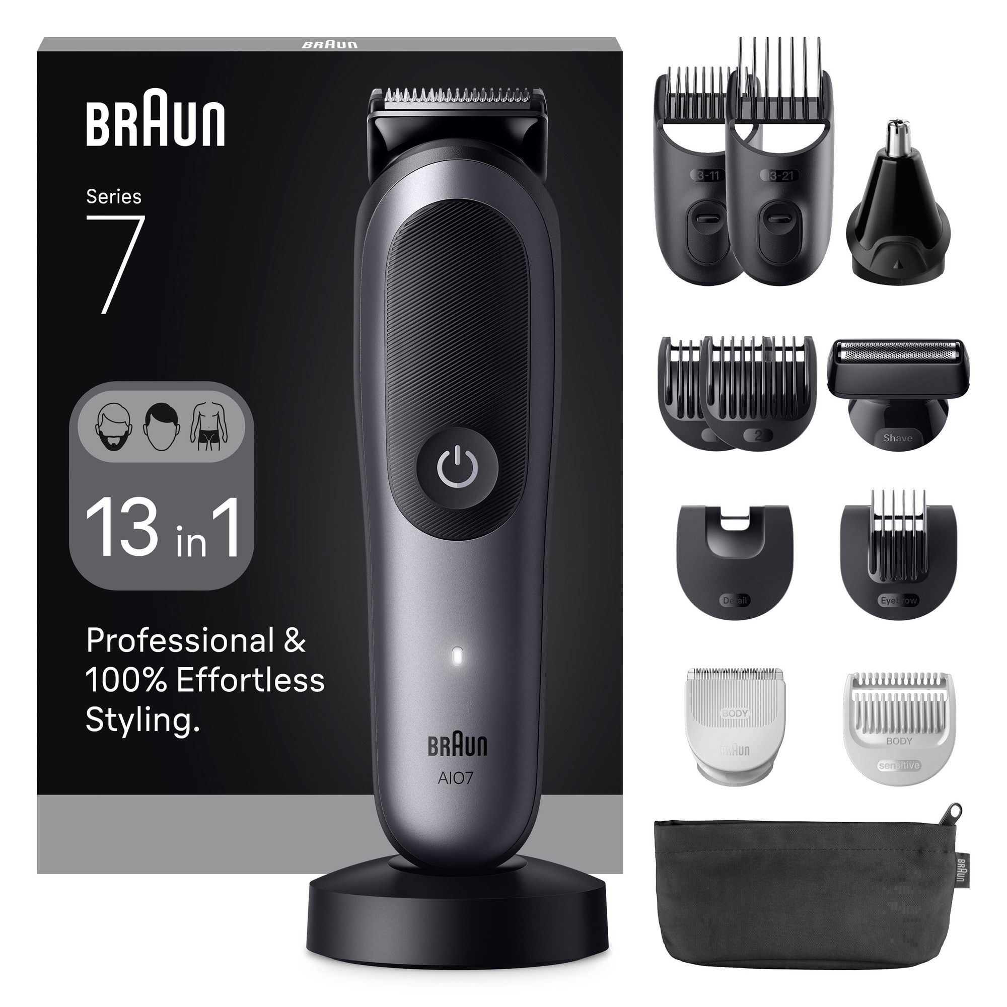 Aparat de tuns multifunctional Braun All-in-One Seria 7 AIO7560,Lama ProBlade, AutoSense, 7 Piepteni,1 Cap tuns SkinGuard,1 Cap ras PrecisionShave, 1 Cap tuns urechi/nas, 1 Suport