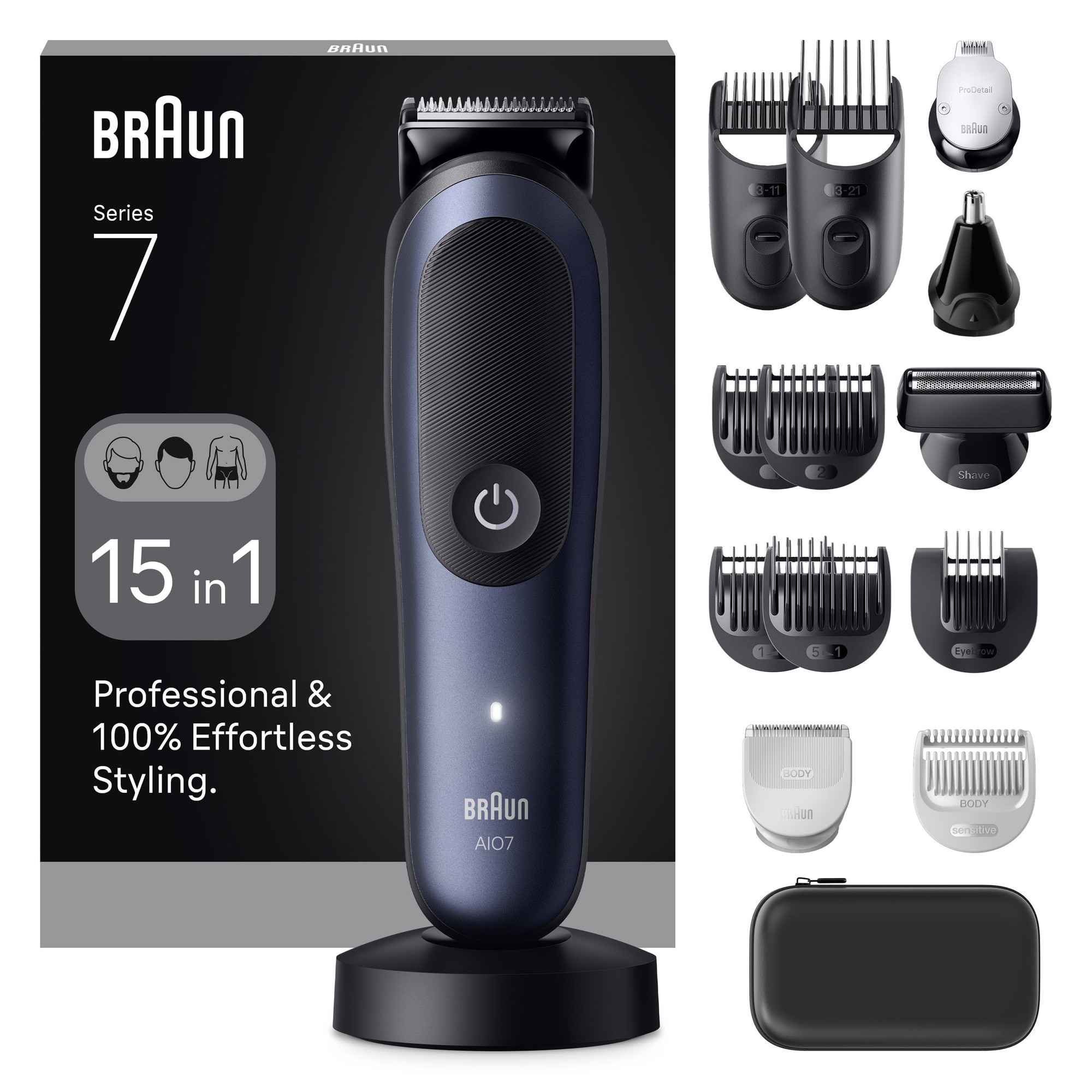 Aparat de tuns multifunctional Braun All-in-One Seria 7 AIO7580,Lama ProBlade, AutoSense,8 Piepteni, 1 Cap tuns SkinGuard,1 Cap ras PrecisionShave, 1 Cap tuns urechi/nas,1 Cap Cont