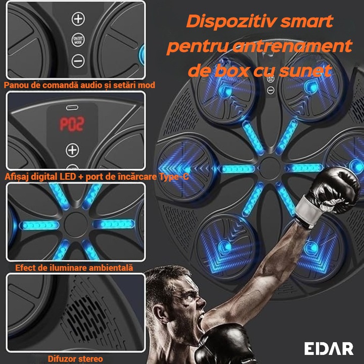 Aparat Inteligent De Box EDAR Cu Functii Muzicale, Iluminare LED RGB, Display HD, Bluetooth Si Difuzor Integrat, Ideal Pentru Copii Si Adulti, Cu Manusi Incluse, USB, Functii Smart, Negru