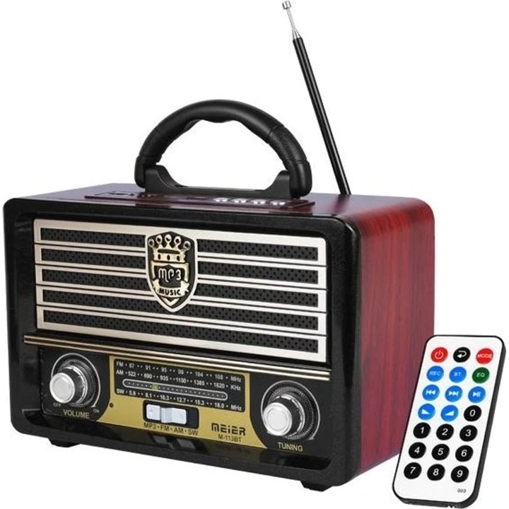 Преносимо MP3 радио с Bluetooth, Selani Premium Meier, MP3, FM/AM/SW, USB, SD, AUX дистанц у-е, акумулаторна батерия, FM/AM/SW, USB, SD карта, кафяво-черно