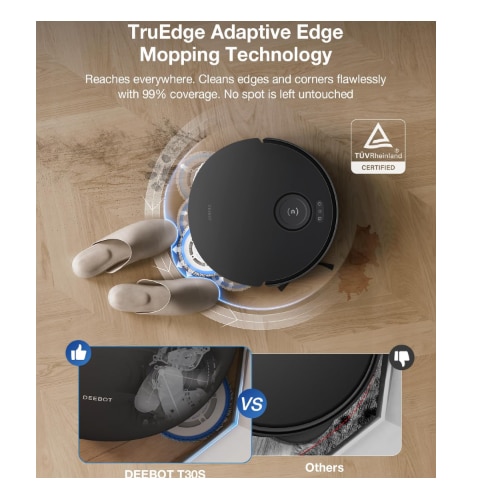 Aspirator robot cu functie de stergere Ecovacs T30S Combo, spalare mopul apa calda, uscare aer cald, putere de aspirare 11000pa, configuratie mai multe capete perie, golire automata duala curatare si aspiratoare mana, control vocal YIKO, Negru