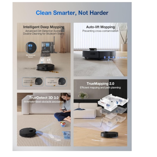 Aspirator robot cu functie de stergere Ecovacs T30S Combo, spalare mopul apa calda, uscare aer cald, putere de aspirare 11000pa, configuratie mai multe capete perie, golire automata duala curatare si aspiratoare mana, control vocal YIKO, Negru