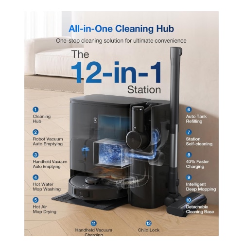 Aspirator robot cu functie de stergere Ecovacs T30S Combo, spalare mopul apa calda, uscare aer cald, putere de aspirare 11000pa, configuratie mai multe capete perie, golire automata duala curatare si aspiratoare mana, control vocal YIKO, Negru
