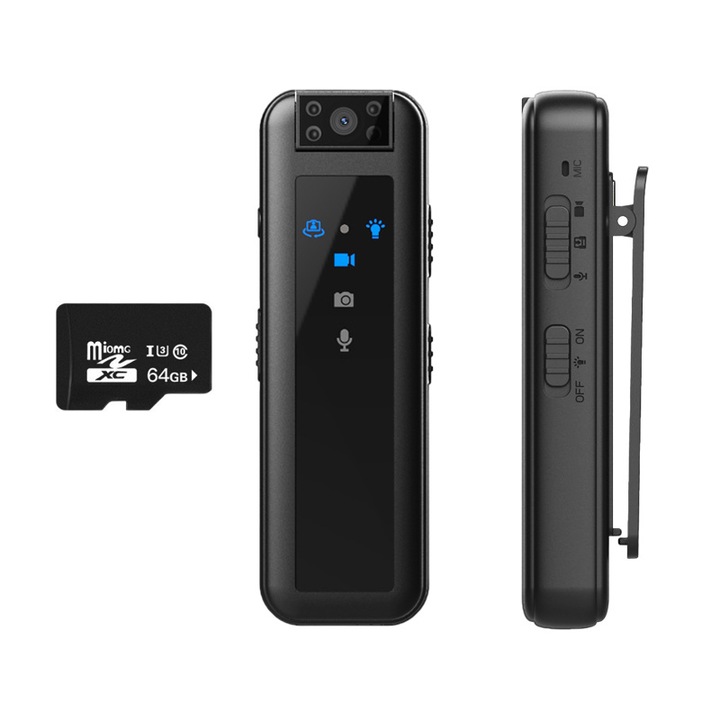 Set camera video portabila, ZOUN, cu card de memorie de 64 GB, pentru inregistrari in aer liber, sport, HD 1080P, inregistrare audio si microfon, clema pentru spate, reducere a zgomotului, lumina de completare, salvare automata, culoare neagra