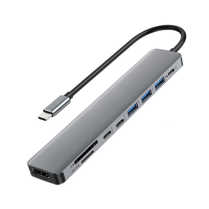 Hub USB, ZOUN, 9-in-1, USB 3.0 * 5, PD, TF, SD, HDMI, 100 W, durabil, compatibil cu tablete, telefoane mobile, computere, culoare gri