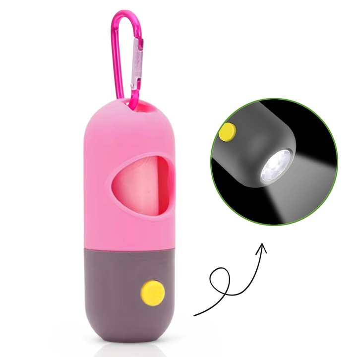 Dispenser pungi igienice pentru caini, zioda smart essentials®, suport cu lanterna LED integrata, 1 rola de pungi inclusa, carabina metalica pentru prindere pe lesa, ideal pentru plimbari seara, noaptea, in parc, padure, universal, portabil, roz