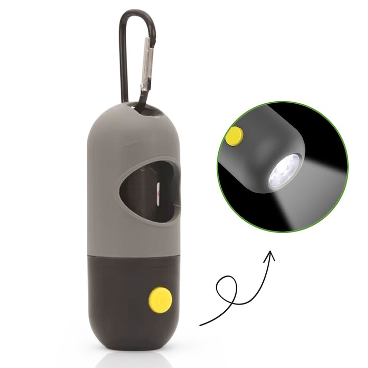 Dispenser pungi igienice pentru caini, zioda smart essentials®, suport cu lanterna LED integrata, 1 rola de pungi inclusa, carabina metalica pentru prindere pe lesa, ideal pentru plimbari seara, noaptea, in parc, padure, universal, portabil, negru