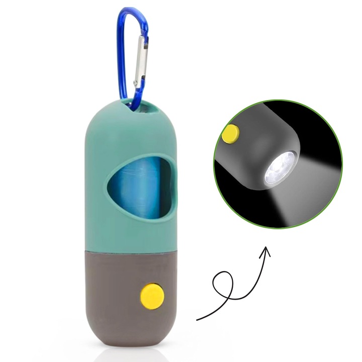 Dispenser pungi igienice pentru caini, zioda smart essentials®, suport cu lanterna LED integrata, 1 rola de pungi inclusa, carabina metalica pentru prindere pe lesa, ideal pentru plimbari seara, noaptea, in parc, padure, universal, portabil, albastru