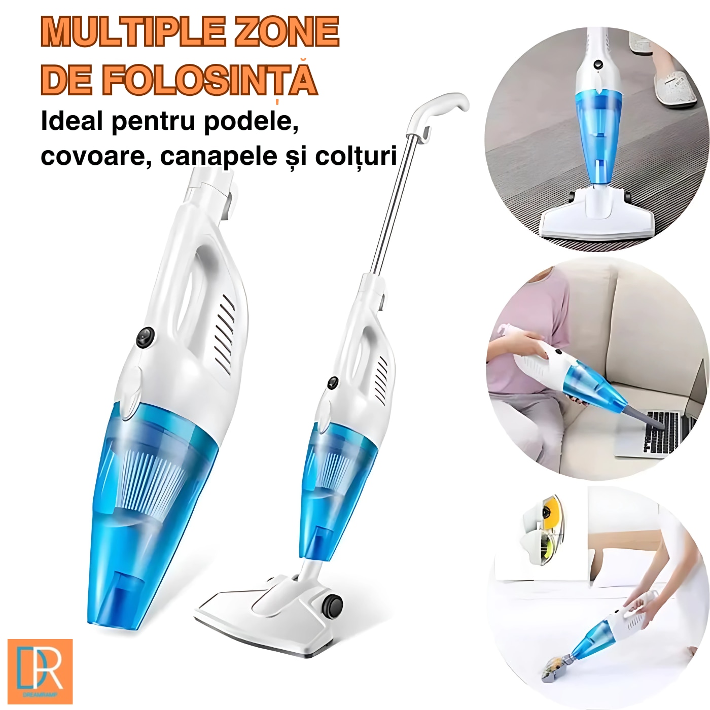 Aspirator Vertical DreamRamp® cu Fir 650W, 17kPa, Filtru HEPA Lavabil, Sistem Ciclonic, Zgomot Redus, Greutate Mica, Ideal pentru Podele, Covoare si ColturI, Alb
