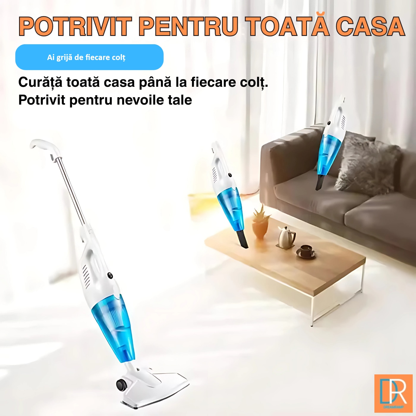 Aspirator Vertical DreamRamp® cu Fir 650W, 17kPa, Filtru HEPA Lavabil, Sistem Ciclonic, Zgomot Redus, Greutate Mica, Ideal pentru Podele, Covoare si ColturI, Alb