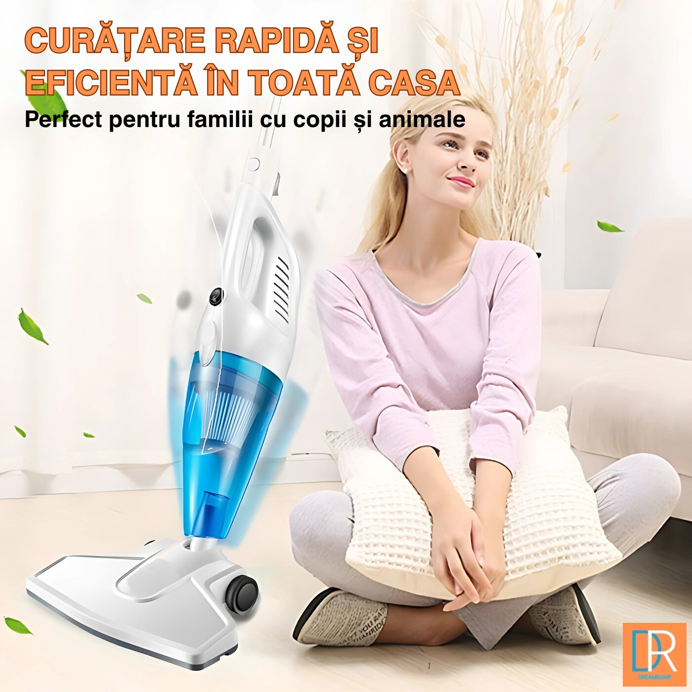 Aspirator Vertical DreamRamp® cu Fir 650W, 17kPa, Filtru HEPA Lavabil, Sistem Ciclonic, Zgomot Redus, Greutate Mica, Ideal pentru Podele, Covoare si ColturI, Alb