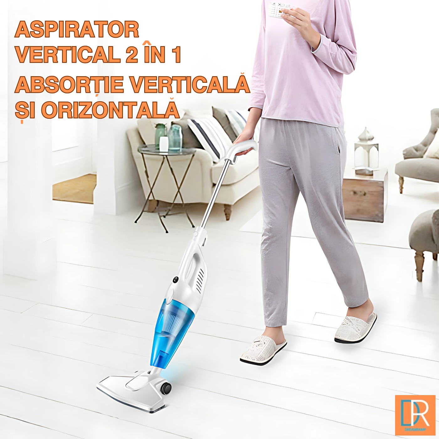 Aspirator Vertical DreamRamp® cu Fir 650W, 17kPa, Filtru HEPA Lavabil, Sistem Ciclonic, Zgomot Redus, Greutate Mica, Ideal pentru Podele, Covoare si ColturI, Alb