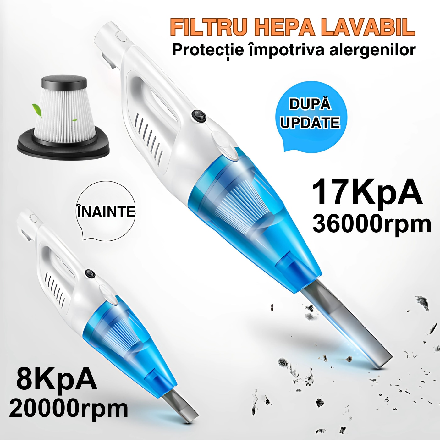 Aspirator Vertical DreamRamp® cu Fir 650W, 17kPa, Filtru HEPA Lavabil, Sistem Ciclonic, Zgomot Redus, Greutate Mica, Ideal pentru Podele, Covoare si ColturI, Alb