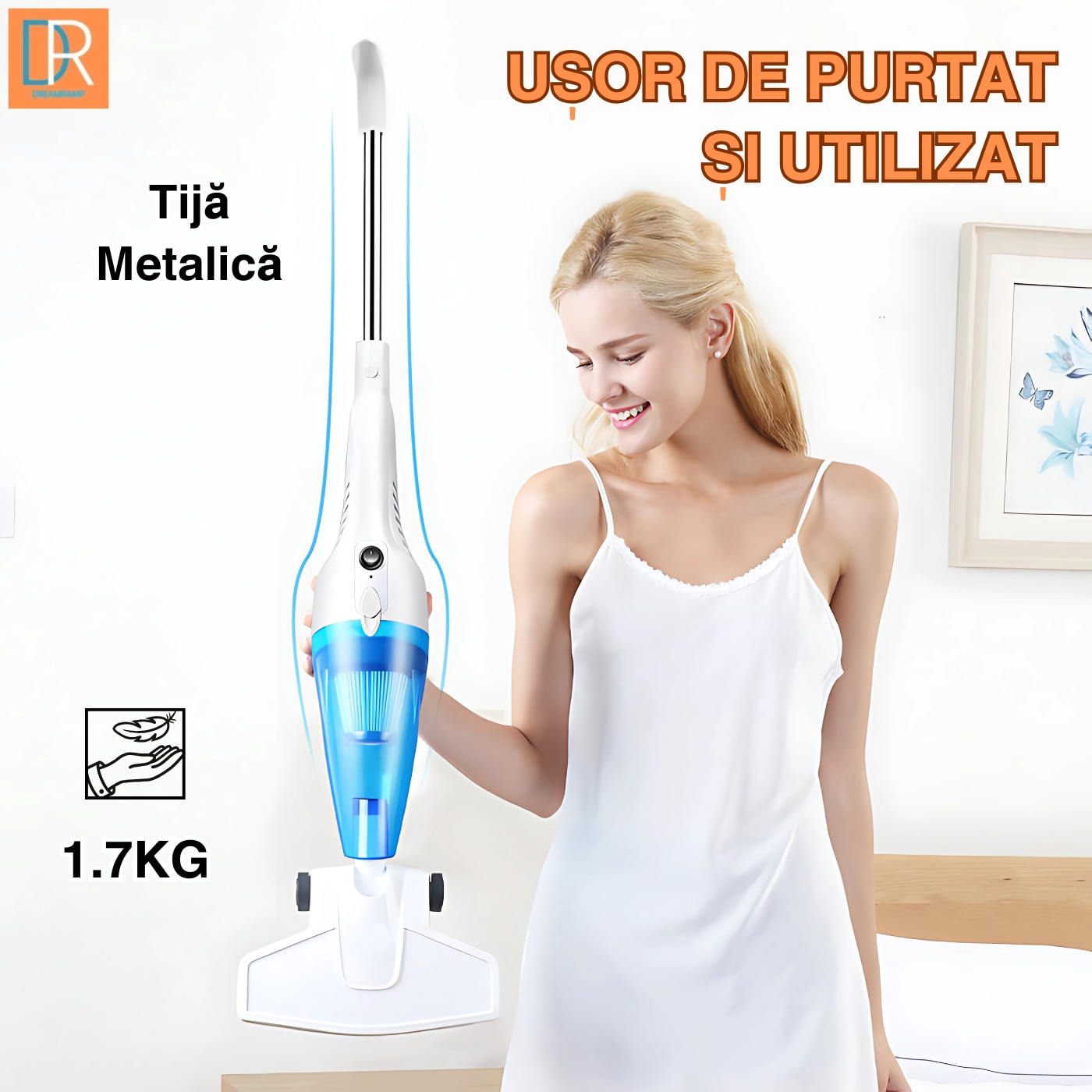 Aspirator Vertical DreamRamp® cu Fir 650W, 17kPa, Filtru HEPA Lavabil, Sistem Ciclonic, Zgomot Redus, Greutate Mica, Ideal pentru Podele, Covoare si ColturI, Alb