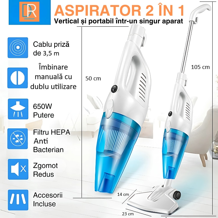 Aspirator Vertical DreamRamp® cu Fir 650W, 17kPa, Filtru HEPA Lavabil, Sistem Ciclonic, Zgomot Redus, Greutate Mica, Ideal pentru Podele, Covoare si ColturI, Alb