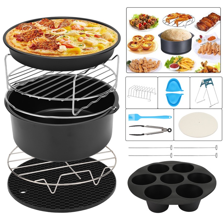 Légfritőz tartozékkészlet, 13 darab, kompatibilis 3,5QT-5,8QT légfritőzzel, sütőformákkal, pizzatálcával, rácsokkal, sütőedénnyel, ecsettel, fogóval, sütőpapírral, 7 hüvelykes